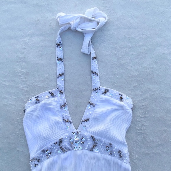 INDO MARIO Plunge Elegant White Maxi Dress w/ Graceful Flow Sz Small - Picture 11 of 11